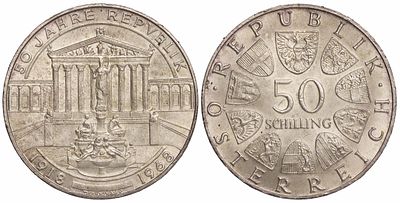 Austria 50 Schilling 1968. KM-2904.1; Silver (.900), 20.0 g, 34 mm; UNC