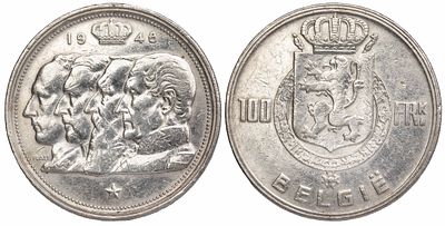 Belgium 100 Francs 1948. KM-139.1; Silver (.835), 18.0 g 33 mm; VF