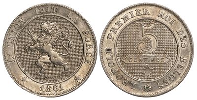 Belgium 5 Centimes 1861. KM-21; Copper-nickel, 2.9 g, 19.3 mm; UNC