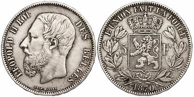 Belgium 5 Francs 1870. KM-24, Mor-157; King Leopold II (1865-1909); Silver (.900), 24.95 g., 37 