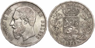 Belgium 5 Francs 1873. KM-24, Mor-160a; King Leopold II (1865-1909); Silver (.900), 25.00 g., 37 