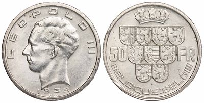 Belgium 50 Francs 1939. KM-121; Silver (.835), 20.0 g 33 mm; VF