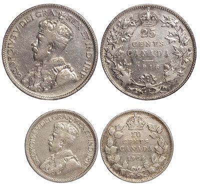 Canada 25 Cents 1918, 10 Cents 1936. 2 pcs. KM-24; Silver (.925), 5.8 g; KM-23a; Silver (.800) 
