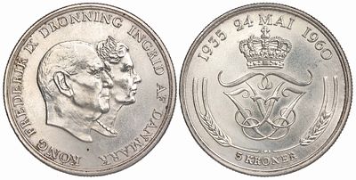 Denmark 5 Kroner 1960. KM-852; Silver (.800), 17.0 g, 33 mm; UNC