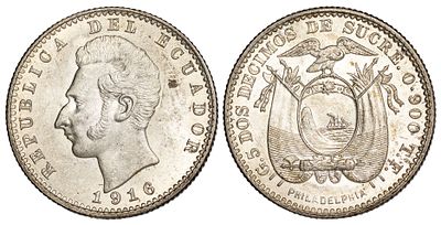 Ecuador 2 Decimos 1916. KM-51; Silver (.900); 5 g.; UNC