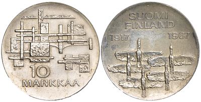 Finland 10 Markkaa 1967. KM-50; Silver (.900), 23.75, g, 35 mm; UNC