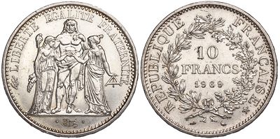 France 10 Francs 1969. KM-932; Silver (.900), 25 g., 37 mm; Mint Paris; UNC