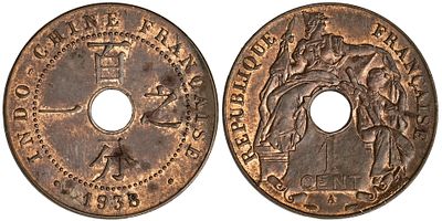 French Indochina 1 Cent 1938 A. KM-12.1, Lec-101; Bronze, 5 g.; UNC