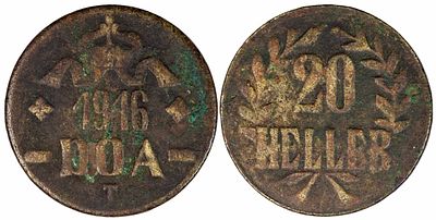 German East Africa 20 Heller 1916 T. KM-15a; Emperor William II (1888-1918); Obverse B and 