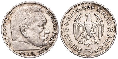 Germany 5 Reichsmark 1936-J. КМ-86; Silver (.900), 13.88 g; Mint: J; Mintage: 3.706.000; VF/XF