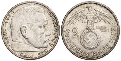 Germany 2 Reichsmark 1937-A. КМ-93; Silver (.625), 8 g.; Mint: A; Mintage: 23.425.000; VF/XF