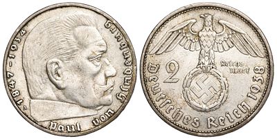 Germany 2 Reichsmark 1938-A. КМ-93; Silver (.625), 8 g.; Mint: A; Mintage: 13.201.000; VF/XF