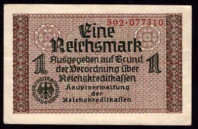 Germany 1 Reichsmark 1940-45. P-SB186; Occupation Territories WWII; VF