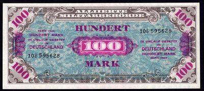 Germany 100 Mark 1944. P-195b; Allied Military Currency; 9 digit serial #, without "F"; UNC