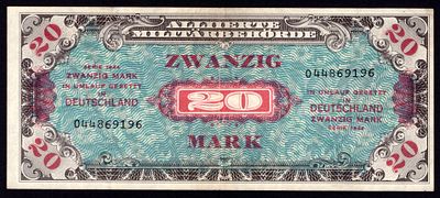 Germany 20 Mark 1944 Allied Military Currency. P-195a; 9 digit serial #, with "F"; XF