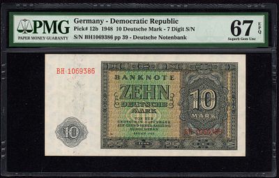 Germany 10 Deutsche Mark 1948. PMG 67 EPQ. P-12b; S/N: BH1069386 pp 39; 7 Digit S/N; Superb Gem UNC