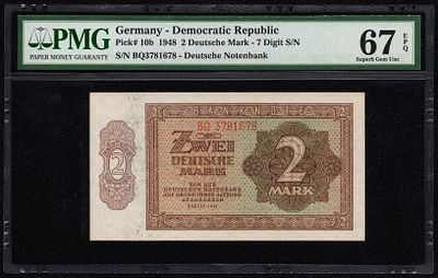 Germany 2 Deutsche Mark 1948. PMG 67 EPQ. P-10b; S/N: BQ3781678; 7 Digit S/N; Superb Gem UNC