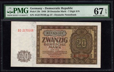 Germany 20 Deutsche Mark 1948. PMG 67 EPQ. P-13b; S/N: AG2170168 pp 27; 7 Digit S/N; Superb Gem UNC