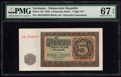 Germany 5 Deutsche Mark 1948. PMG 67 EPQ. P-11b; S/N: AK2549255 Block 410; 7 Digit S/N; Superb 