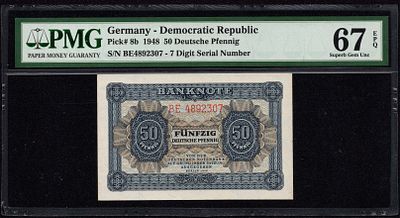Germany 50 Deutsche Pfennig 1948. PMG 67 EPQ. P-8b; S/N BE4892307; 7 Digit; Superb Gem UNC