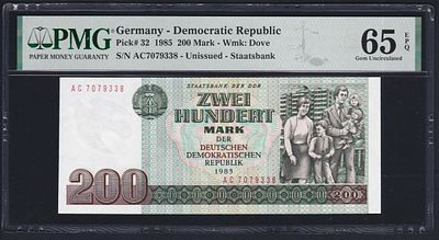 Germany Democratic Republic 200 Mark 1985. PMG 65 EPQ. P-32; S/N AC 7079338; Wmk: Dove; Gem 