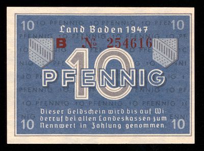 Germany Baden 10 Pfennig 1947. Grab-BAD-27; UNC