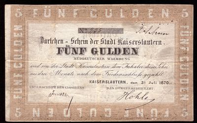 Germany Kaiserslautern 5 Gulden 1870. Kaiserslautern; VF (СКРЕПКИ)