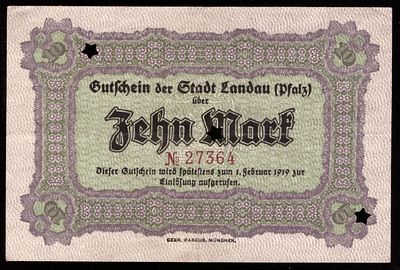 Germany Landau 10 Mark 1918. Landau; VF