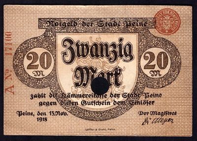 Germany Peine 20 Mark 1918 Canceled. AU