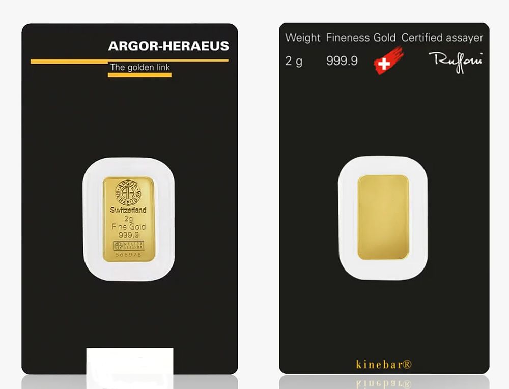 Gold Bar 2 gram - Argor-Heraeus. Pure Gold (.9999) in Assay; Swiss