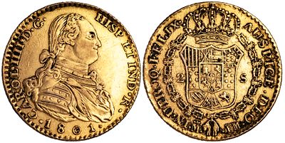 Spain 2 Escudos 1801 M FM. KM-435.1, Barrera-472; King Charles IV (1788-1808); Gold (.875), 6.66 