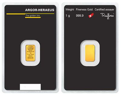 Gold Bar 1 gram - Argor-Heraeus. Pure Gold (.9999) in Assay; Swiss. A pristine 1 gram gold bar 