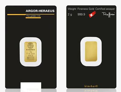 Gold Bar 2 gram - Argor-Heraeus. Pure Gold (.9999) in Assay; Swiss. A high-quality 2 gram gold 