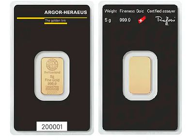 Gold Bar 5 gram - Argor-Heraeus. Pure Gold (.9999) in Assay; Swiss. A premium 5 gram gold bar 
