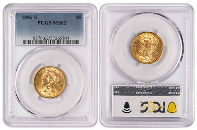 USA 5 Dollars 1886-S. PCGS MS 62. KM-101; Gold (.900), 8.359 g, 21.6 mm; Coronet Head-With 