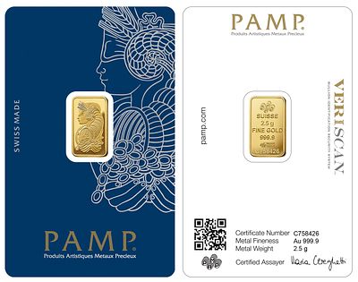 Gold Minted Bar - Lady Fortuna 2,5 gram - Pamp. Pure Gold (.9999) in Assay; Swiss. צד הפנים מציג 