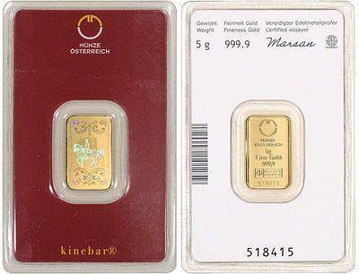 Austrian Mint Kinebar 5 gram Gold Bar. Pure Gold (.9999) in Assay; Austria. Austrian Mint 