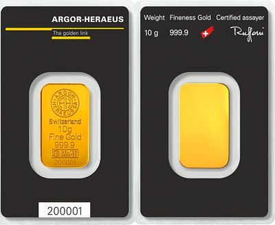 Gold Bar 10 gram - Argor-Heraeus. Pure Gold (.9999) in Assay; Swiss. מטיל זהב איכותי להשקעה. צד 