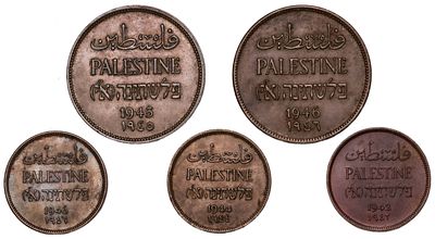 Palestine 1 Mil 1943, 1944, 1946, 2 Mils 1945,46. 5 pcs. KM-1; Bronze, 3.2 g, 21 mm; KM-2; 