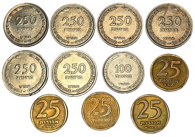 ישראל מטבעות. 11 יח. VF/UNC 
כולל 6 יחידות של 250 פרוטה תשט ויחידה אחת של 100 פרוטה תשט