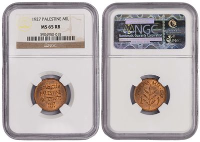 Palestine 1 Mil 1927. NGC MS 65 RB. КМ-1; Bronze, 3.20g; Mintage: 10.000.000