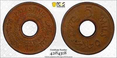 Palestine British Mandate 5 Mils 1942. PCGS MS 62 BN. KM-3a; WWII bronze issue, an attractive 