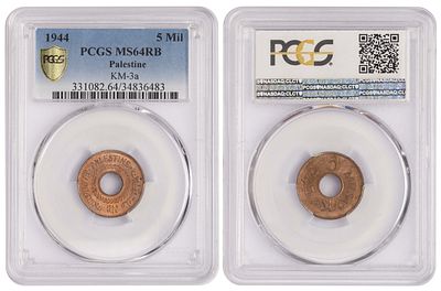 Palestine 5 Mils 1944. NGC MS 64 RB. КМ-3a; Bronze, 2.90g; Mintage: 1.000.000