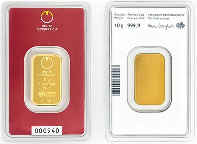 Austrian Mint Kinebar 10 gram Gold Bar. Pure Gold (.9999) in Assay; Austria. This 10-gram gold 