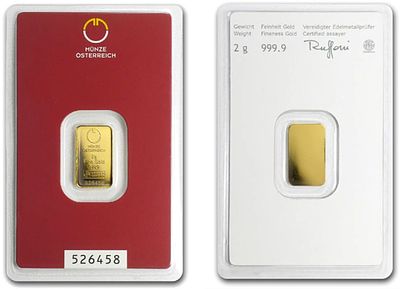 Austrian Mint Kinebar 2 gram Gold Bar. Pure Gold (.9999) in Assay; Austria. An exquisite 2-gram 