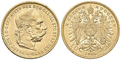 Austria 10 Corona 1905. KM-2805; Emperor Francis Joseph I (1848-1916); Gold (.900), 3.39 g., 19 