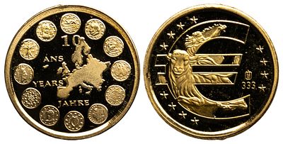 Austria Gold Medal 2012. Gold (.333), 0.50 g, 11 mm; 10 Years of the Euro in Gold. During the 