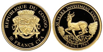 Congo 50 Francs CFA 2016. Gold (.333), 0.51 g, 11 mm; 50 years first bullion coin; With COAs; Proof
