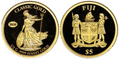 Fiji 5 Dollars 2020. Gold (.9999), 0.51 g, 11 mm; Mintage: 5000; With COAs; Proof