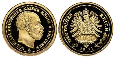 Germany Gold Medal 2009. Gold (.585), 0.51 g, 11 mm; Replica of Wilhelm I, 20 Marks 1871; With 